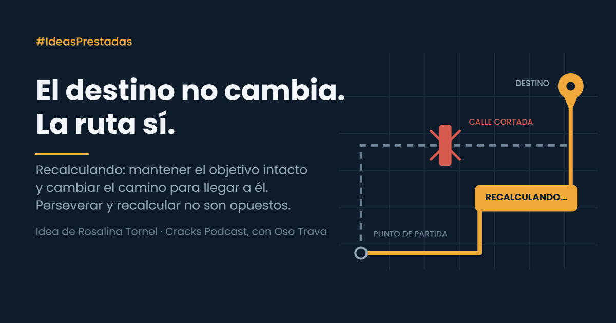 Ilustración de un navegador recalculando la ruta hacia el mismo destino tras encontrar una calle cortada, junto al texto El destino no cambia. La ruta sí.